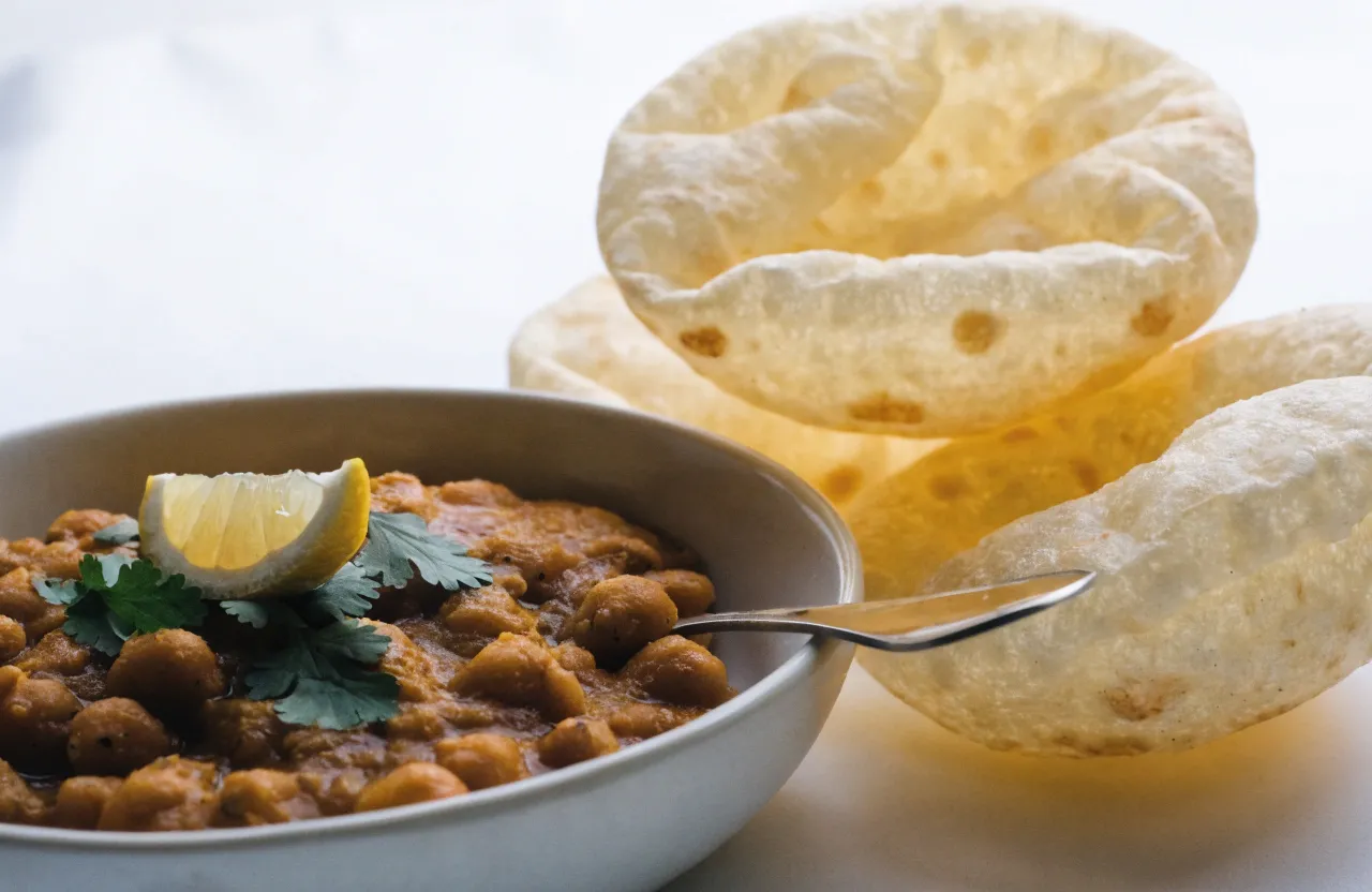 Chole Puri - spiced chickpea curry with soft puffed puris at Mummy's Tiffin, North York